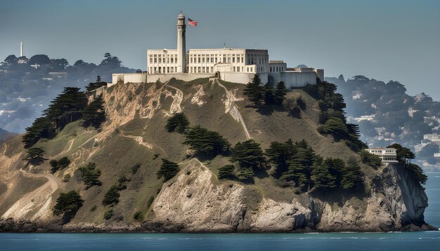 Photo un bâtiment sur une falaise a un drapeau dessus