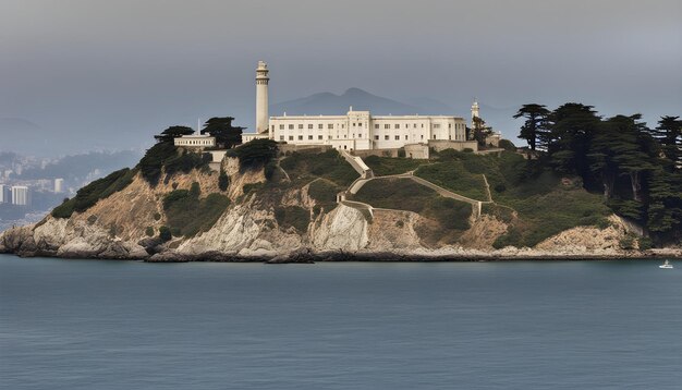 un bâtiment sur une falaise avec un phare au sommet