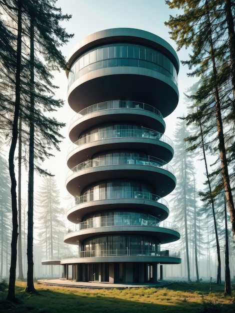 Un bâtiment fantastique dans les bois Architecture du futur