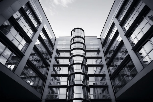 Un bâtiment avec une fenêtre en verre bombé et des balcons ronds.