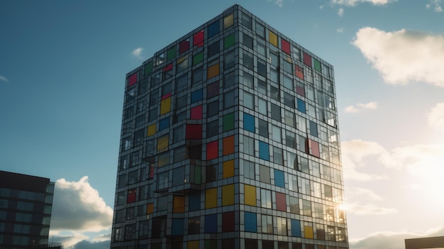 Un bâtiment avec des fenêtres colorées et un ciel bleu en arrière-plan