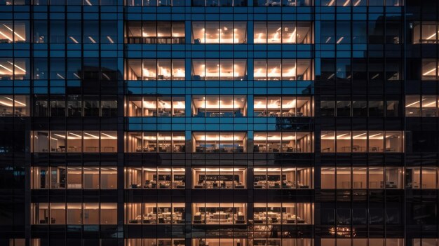 un bâtiment avec les fenêtres éclairées la nuit.