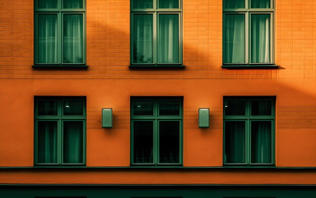 Un bâtiment avec des fenêtres vertes et une porte noire