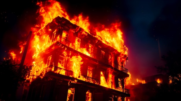 Photo bâtiment en feu avec beaucoup de flammes sortant des fenêtres ia générative