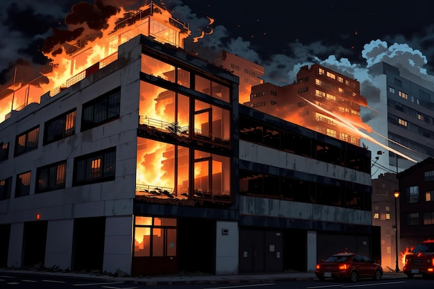 Photo un bâtiment en feu avec beaucoup de flammes sortant de ses côtés