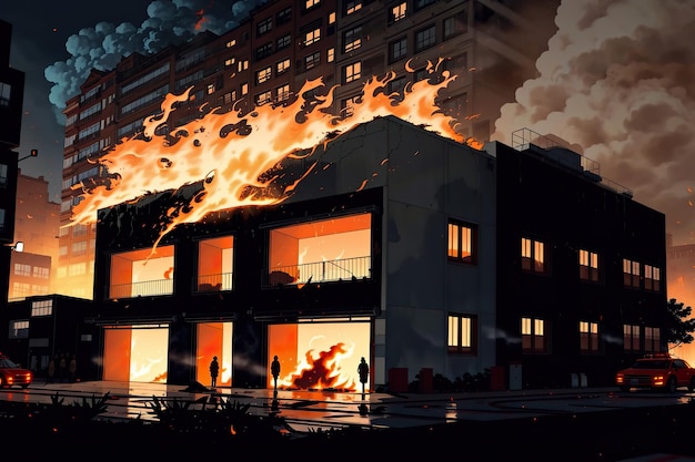 un bâtiment en feu avec beaucoup de flammes sortant de son côté