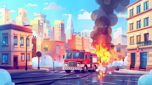 Un bâtiment en flammes avec de la fumée et un camion de pompiers sur la route Un paysage urbain de dessin animé moderne avec des flammes, de la fume et un véhicule d'urgence rouge