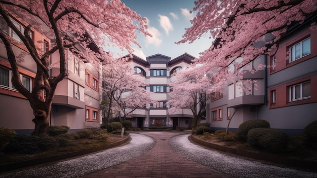 Un bâtiment avec des fleurs roses au milieu