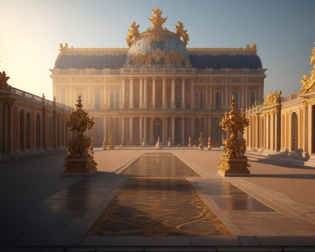 Un bâtiment avec une fontaine en face.