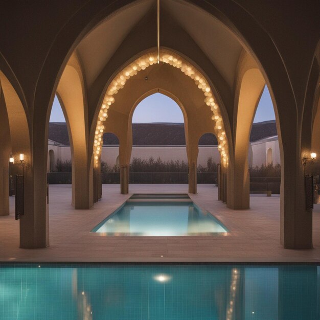 Bâtiment en forme d'arc d'Arafed avec une piscine et des lumières en arrière-plan