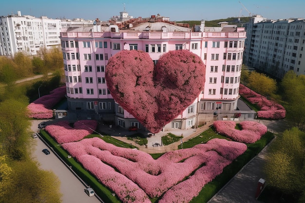 Photo bâtiment en forme de cœur à l'air rose