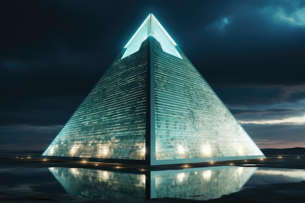 Un bâtiment en forme de pyramide éclairé la nuit