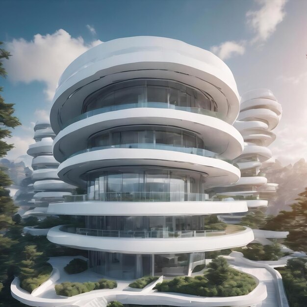 Bâtiment futur en spirale blanche à l'arrière-plan de l'espace artificiel