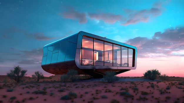 bâtiment futuriste dans le désert au coucher du soleil