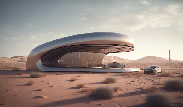 Un bâtiment futuriste dans le désert avec un grand toit en forme de dôme.