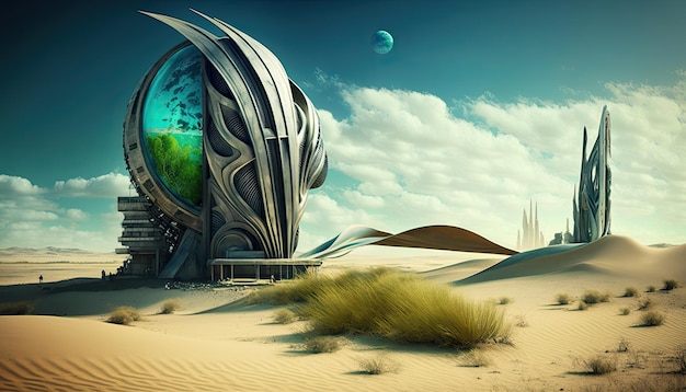 Un bâtiment futuriste dans le désert avec une planète bleue en arrière-plan.