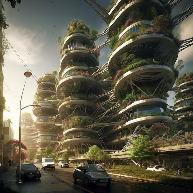 Photo un bâtiment futuriste avec un jardin sur le toit