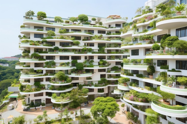 Bâtiment futuriste avec des plantes vertes Architecture moderne aux formes géométriques