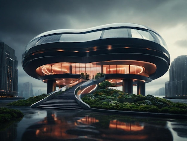 un bâtiment futuriste avec un toit noir qui dit " futuriste "