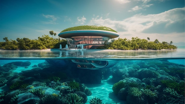 Un bâtiment futuriste avec un toit vert et une vue sur la mer