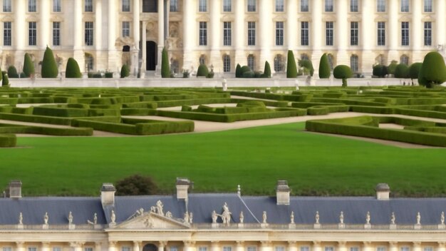 un bâtiment avec une grande cour avant avec un grand bâtiment en arrière-plan