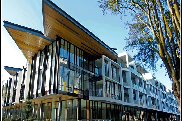 un bâtiment avec une grande fenêtre en verre qui dit le nom du bâtiment