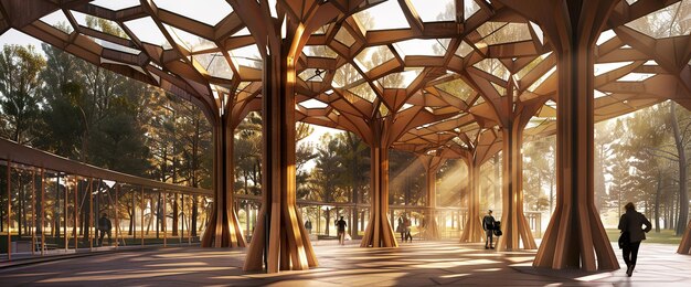 un bâtiment avec une grande structure en bois qui a une image d'un soleil brillant à travers elle