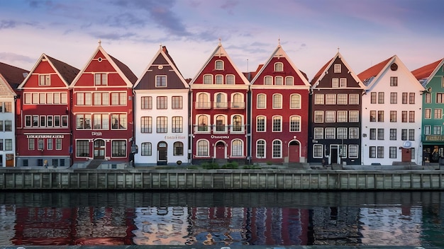 Photo bâtiment historique de bergen au matin site du patrimoine culturel mondial de l'unesco