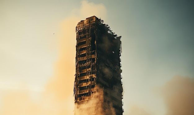 Un bâtiment imposant englouti dans un violent incendie avec des flammes intenses et de la fumée génératrice d'IA