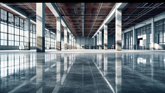 bâtiment industriel ou usine moderne pour la fabrication usine de production ou grand entrepôt sol en béton poli état propre et espace pour le produit industriel IA générative