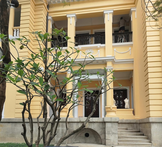 Un bâtiment jaune avec un arbre devant