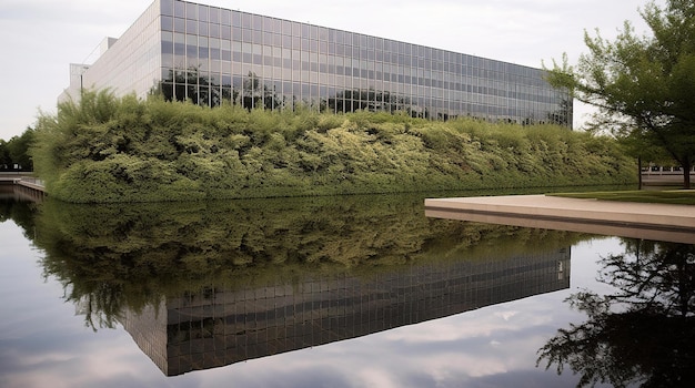 Un bâtiment avec un lac devant et le mot office sur le côté.