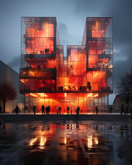 un bâtiment avec une lumière rouge qui s'y reflète