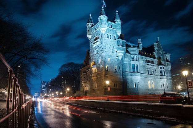 un bâtiment avec des lumières de voiture rouges sur la rue