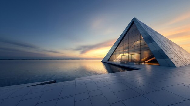 Photo bâtiment moderne au bord de l'eau au coucher du soleil