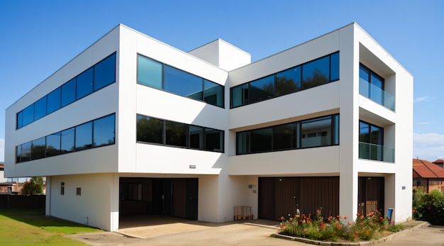 Un bâtiment moderne avec du verre bleu