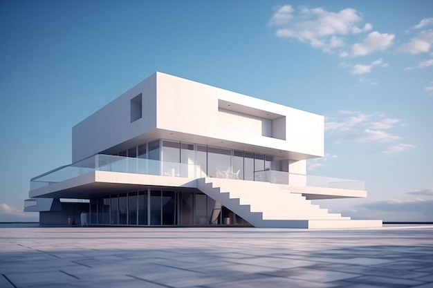 un bâtiment moderne avec un escalier peint en blanc et avec une façade blanche.