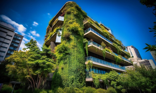 Un bâtiment moderne est couvert de verdure