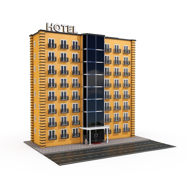 Bâtiment moderne de l'hôtel Orange avec Street Road sur fond blanc. Rendu 3D