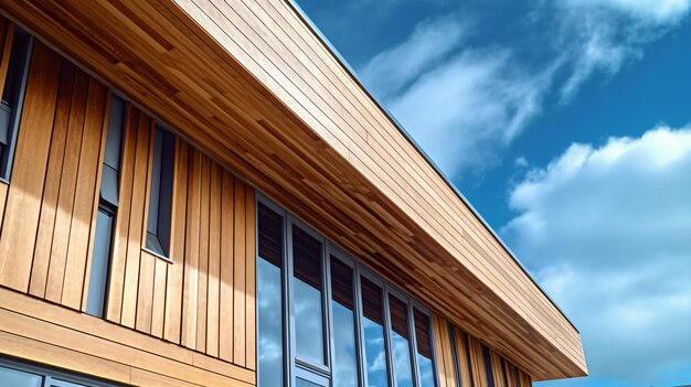 Bâtiment moderne recouvert de bois avec une vue vers le haut sur un ciel bleu nuageux Generative Ai