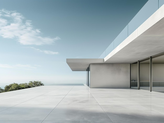 Bâtiment moderne simple avec un large sol en marbre sans équipage avec un fond de ciel propre et lumineux