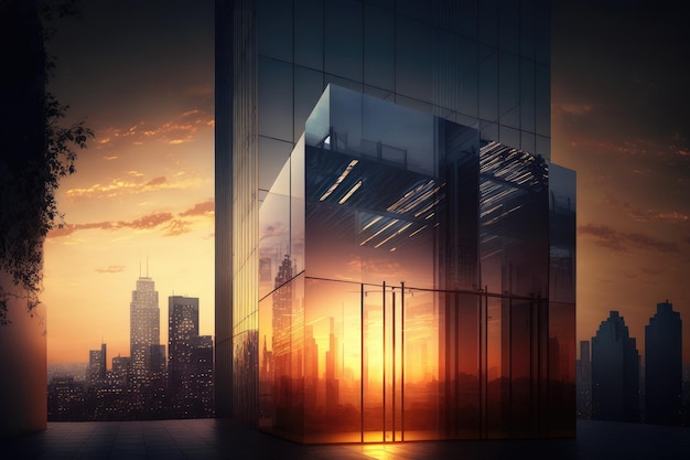 Bâtiment moderne en verre avec vue sur le paysage urbain animé au coucher du soleil