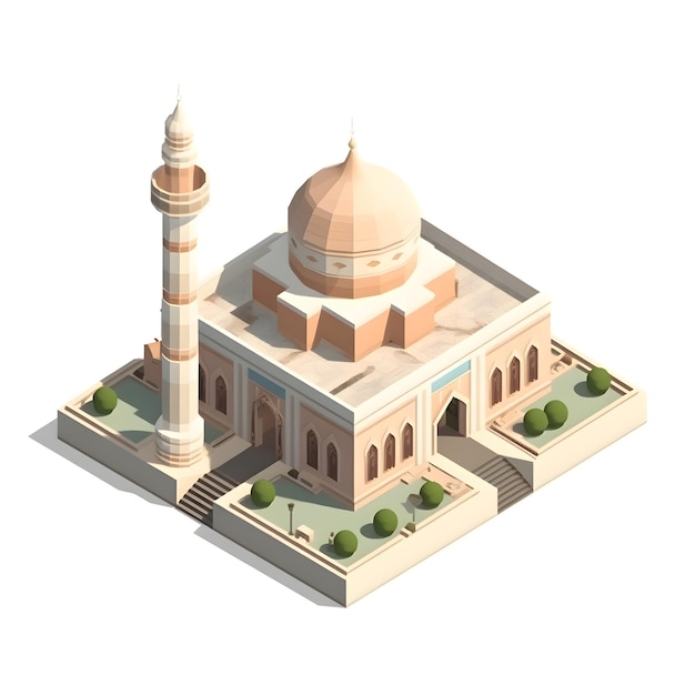 bâtiment de mosquée islamique rendu 3D isométrique sur fond blanc