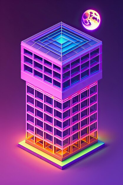 Un bâtiment néon synthwave isométrique avec un fond bleu et violet