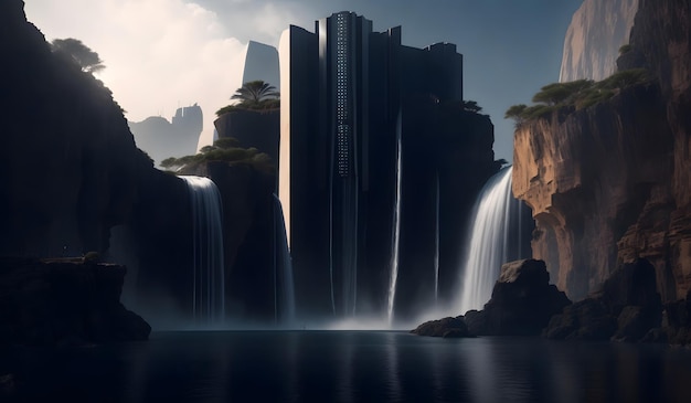 Bâtiment noir futuriste avec fond de paysage de cascade AI générative