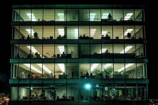 Un bâtiment avec de nombreuses fenêtres la nuit avec les lumières allumées.