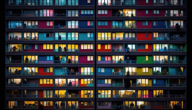 Un bâtiment avec de nombreuses fenêtres qui ont les lumières allumées.