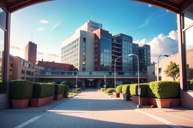 Un bâtiment avec un panneau qui dit le mot hôpital dessus