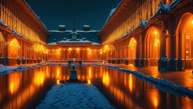 Un bâtiment avec une piscine dans la neige