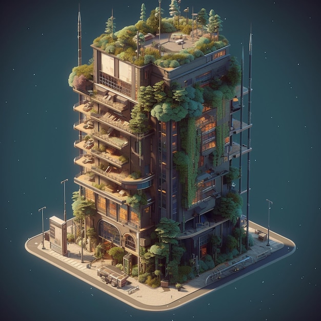 Un bâtiment avec des plantes dessus et un bâtiment avec une rue en arrière-plan.